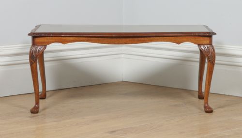 fig 2. Antique English Queen Anne Style Carved Burr Walnut & Glass Rectangular Coffee Table (Circa 1920)