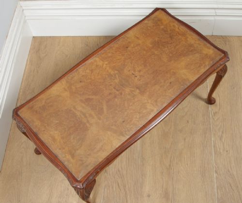 fig 3. Antique English Queen Anne Style Carved Burr Walnut & Glass Rectangular Coffee Table (Circa 1920)