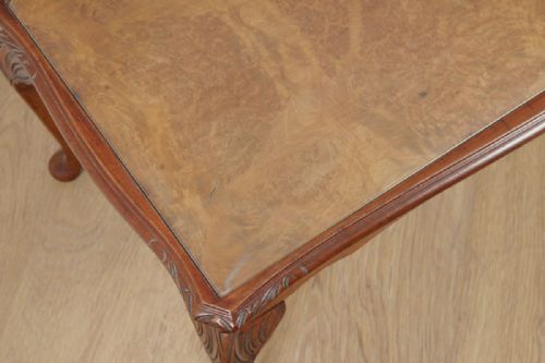fig 4. Antique English Queen Anne Style Carved Burr Walnut & Glass Rectangular Coffee Table (Circa 1920)