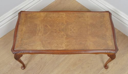 fig 5. Antique English Queen Anne Style Carved Burr Walnut & Glass Rectangular Coffee Table (Circa 1920)