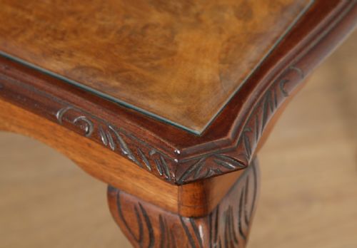 fig 6. Antique English Queen Anne Style Carved Burr Walnut & Glass Rectangular Coffee Table (Circa 1920)