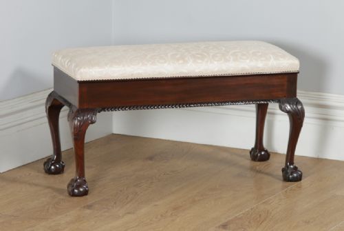 Antique English Georgian Chippendale Style Mahogany Upholstered Piano Music Duet Stool (Circa 1890)
