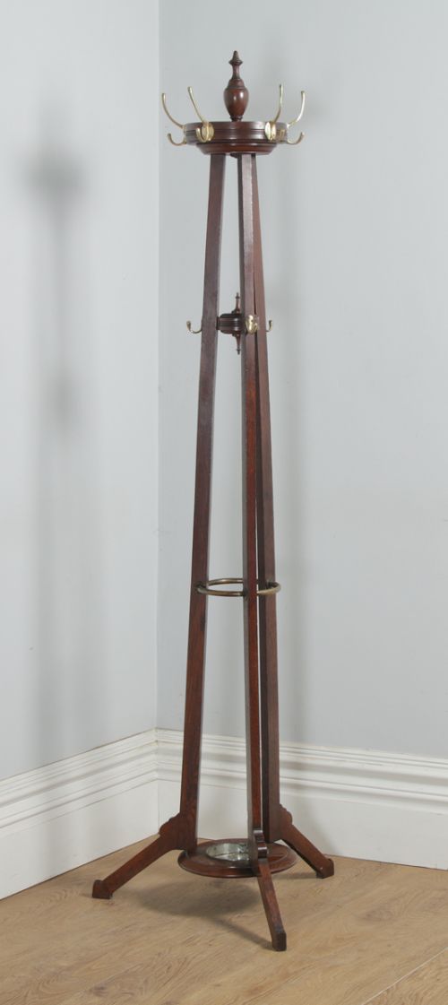 Antique Edwardian Oak & Brass Arts & Crafts Coat, Hat, Stick & Umbrella Hallstand (Circa 1910)