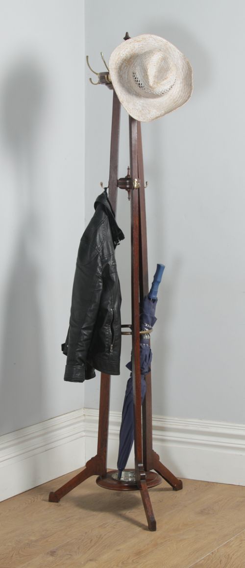 fig 1. Antique Edwardian Oak & Brass Arts & Crafts Coat, Hat, Stick & Umbrella Hallstand (Circa 1910)
