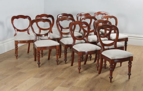 Antique English Victorian Set of 12 Twelve Mahogany Balloon Crown Back Dining Chairs (Circa 1860)