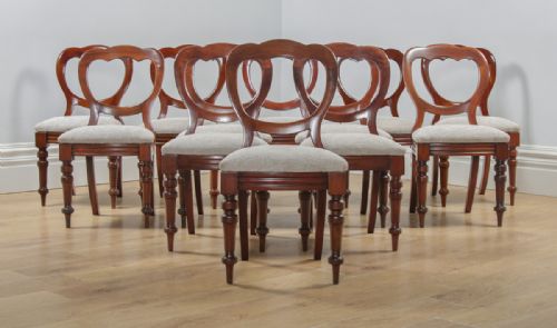 fig 1. Antique English Victorian Set of 12 Twelve Mahogany Balloon Crown Back Dining Chairs (Circa 1860)