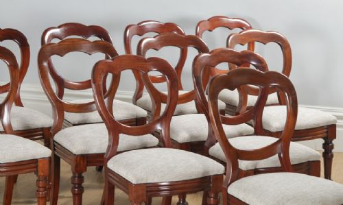 fig 3. Antique English Victorian Set of 12 Twelve Mahogany Balloon Crown Back Dining Chairs (Circa 1860)