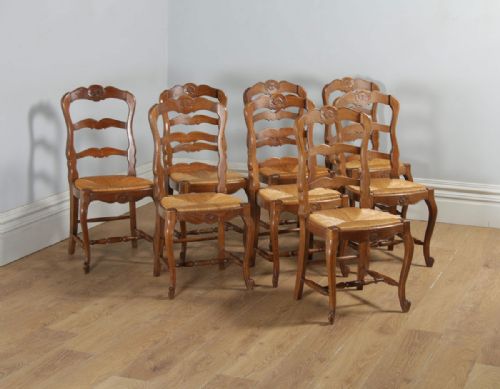Antique Set of 8 Eight French Louis XV Style Oak Ladder Back Rush Seat Kitchen Dining Chairs (Circa 1910)