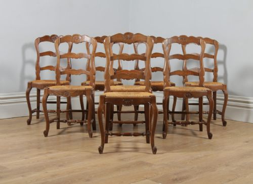 fig 1. Antique Set of 8 Eight French Louis XV Style Oak Ladder Back Rush Seat Kitchen Dining Chairs (Circa 1910)