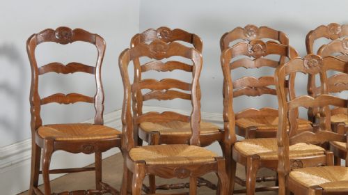fig 2. Antique Set of 8 Eight French Louis XV Style Oak Ladder Back Rush Seat Kitchen Dining Chairs (Circa 1910)