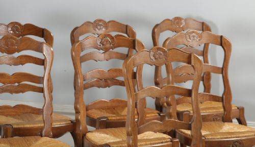 fig 3. Antique Set of 8 Eight French Louis XV Style Oak Ladder Back Rush Seat Kitchen Dining Chairs (Circa 1910)