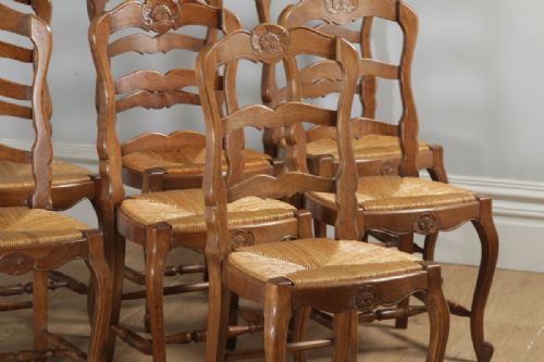 fig 4. Antique Set of 8 Eight French Louis XV Style Oak Ladder Back Rush Seat Kitchen Dining Chairs (Circa 1910)