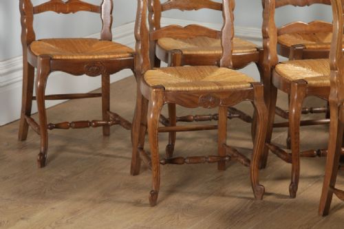 fig 5. Antique Set of 8 Eight French Louis XV Style Oak Ladder Back Rush Seat Kitchen Dining Chairs (Circa 1910)