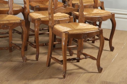 fig 6. Antique Set of 8 Eight French Louis XV Style Oak Ladder Back Rush Seat Kitchen Dining Chairs (Circa 1910)