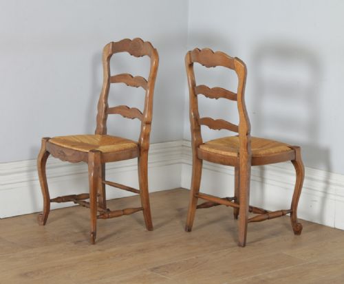fig 7. Antique Set of 8 Eight French Louis XV Style Oak Ladder Back Rush Seat Kitchen Dining Chairs (Circa 1910)