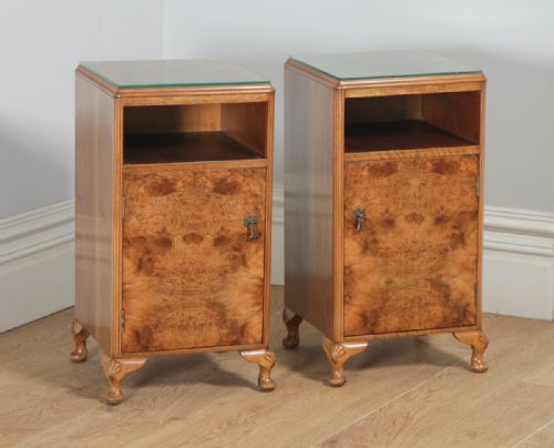 fig 1. Antique English Pair of Queen Anne Style Burr Walnut Glass Top Bedside Cabinet Tables Night Stands (Circa 1920)