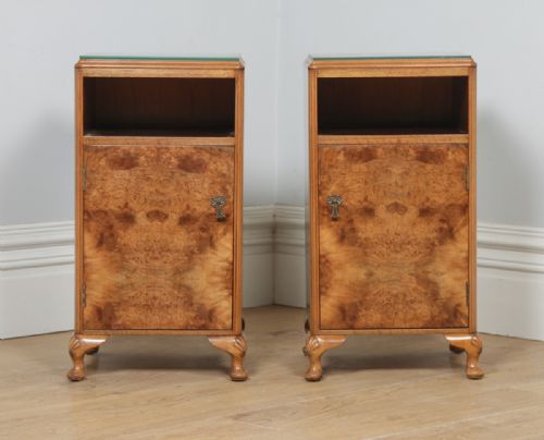 fig 2. Antique English Pair of Queen Anne Style Burr Walnut Glass Top Bedside Cabinet Tables Night Stands (Circa 1920)