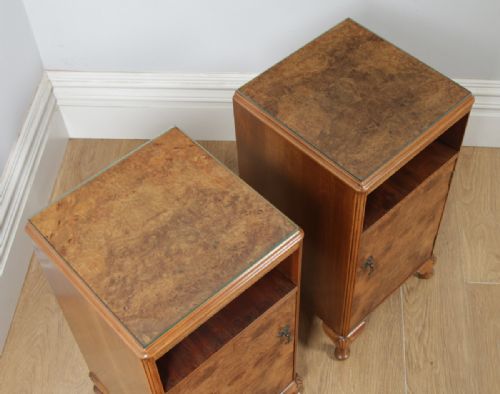 fig 3. Antique English Pair of Queen Anne Style Burr Walnut Glass Top Bedside Cabinet Tables Night Stands (Circa 1920)