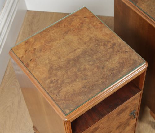 fig 4. Antique English Pair of Queen Anne Style Burr Walnut Glass Top Bedside Cabinet Tables Night Stands (Circa 1920)