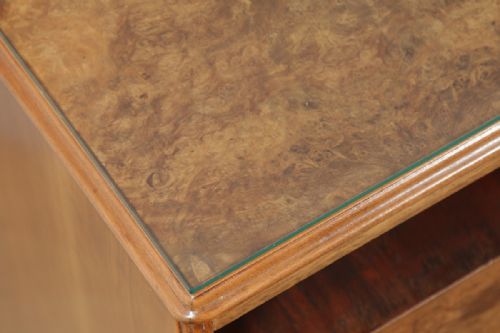 fig 5. Antique English Pair of Queen Anne Style Burr Walnut Glass Top Bedside Cabinet Tables Night Stands (Circa 1920)