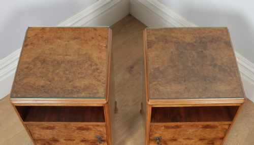 fig 6. Antique English Pair of Queen Anne Style Burr Walnut Glass Top Bedside Cabinet Tables Night Stands (Circa 1920)