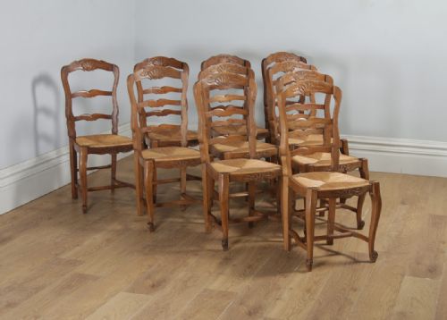 Antique Set of 10 Ten French Louis XV Style Oak Ladder Back Rush Seat Kitchen Dining Chairs (Circa 1910)