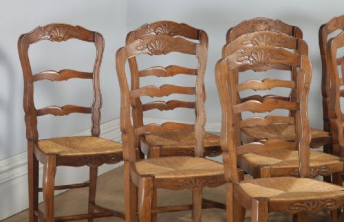 fig 1. Antique Set of 10 Ten French Louis XV Style Oak Ladder Back Rush Seat Kitchen Dining Chairs (Circa 1910)
