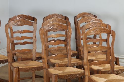 fig 2. Antique Set of 10 Ten French Louis XV Style Oak Ladder Back Rush Seat Kitchen Dining Chairs (Circa 1910)