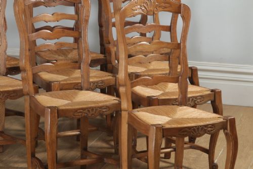 fig 3. Antique Set of 10 Ten French Louis XV Style Oak Ladder Back Rush Seat Kitchen Dining Chairs (Circa 1910)