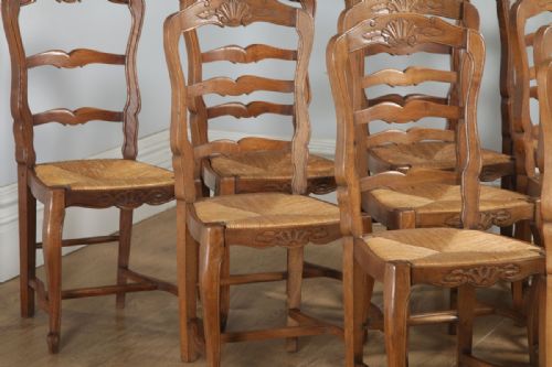 fig 4. Antique Set of 10 Ten French Louis XV Style Oak Ladder Back Rush Seat Kitchen Dining Chairs (Circa 1910)