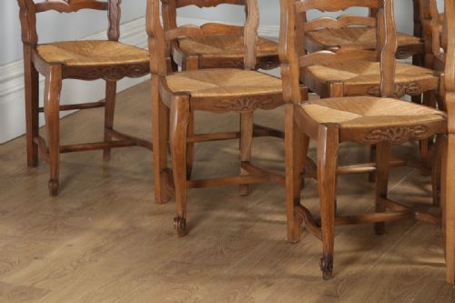 fig 5. Antique Set of 10 Ten French Louis XV Style Oak Ladder Back Rush Seat Kitchen Dining Chairs (Circa 1910)