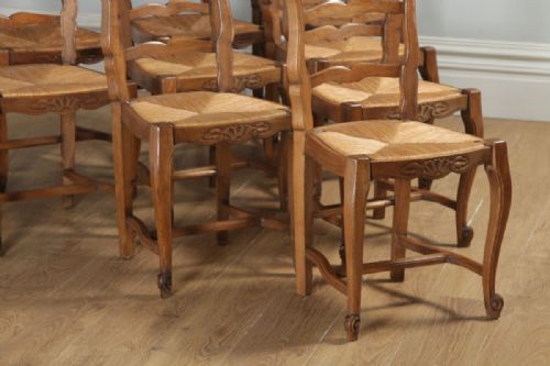fig 6. Antique Set of 10 Ten French Louis XV Style Oak Ladder Back Rush Seat Kitchen Dining Chairs (Circa 1910)