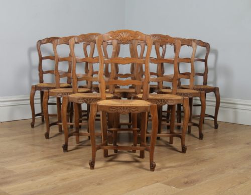 fig 7. Antique Set of 10 Ten French Louis XV Style Oak Ladder Back Rush Seat Kitchen Dining Chairs (Circa 1910)