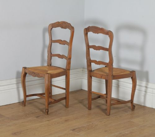 fig 8. Antique Set of 10 Ten French Louis XV Style Oak Ladder Back Rush Seat Kitchen Dining Chairs (Circa 1910)