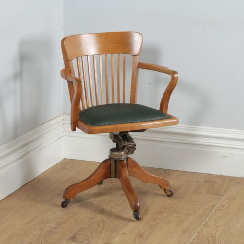 Antique English Edwardian Oak & Green Leather Revolving Office Desk Arm Chair by Oak Leaf (Circa 1910)