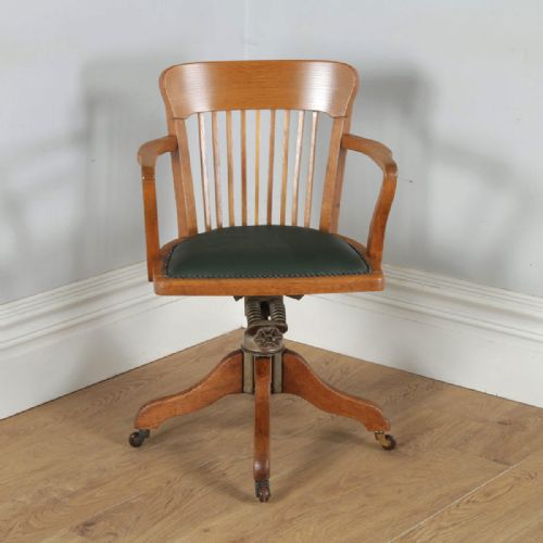 fig 1. Antique English Edwardian Oak & Green Leather Revolving Office Desk Arm Chair By Oak Leaf (Circa 1910)