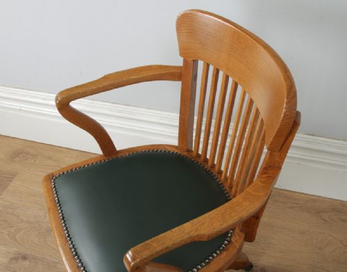 fig 3. Antique English Edwardian Oak & Green Leather Revolving Office Desk Arm Chair By Oak Leaf (Circa 1910)