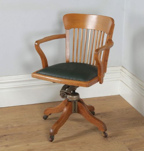 fig 4. Antique English Edwardian Oak & Green Leather Revolving Office Desk Arm Chair By Oak Leaf (Circa 1910)