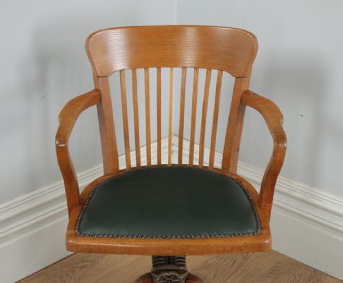 fig 6. Antique English Edwardian Oak & Green Leather Revolving Office Desk Arm Chair By Oak Leaf (Circa 1910)