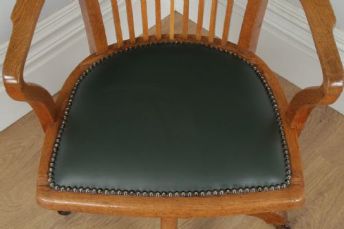 fig 7. Antique English Edwardian Oak & Green Leather Revolving Office Desk Arm Chair By Oak Leaf (Circa 1910)