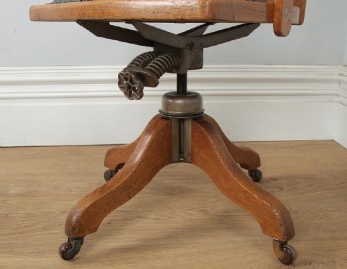 fig 8. Antique English Edwardian Oak & Green Leather Revolving Office Desk Arm Chair By Oak Leaf (Circa 1910)