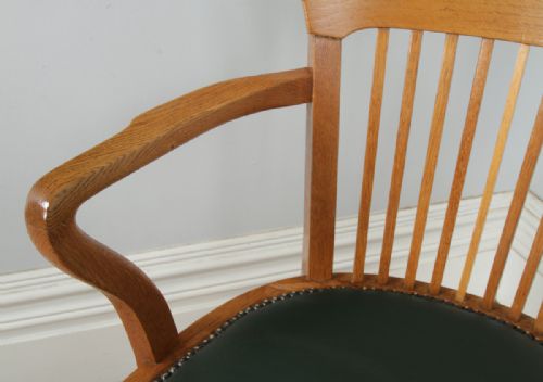 fig 9. Antique English Edwardian Oak & Green Leather Revolving Office Desk Arm Chair By Oak Leaf (Circa 1910)