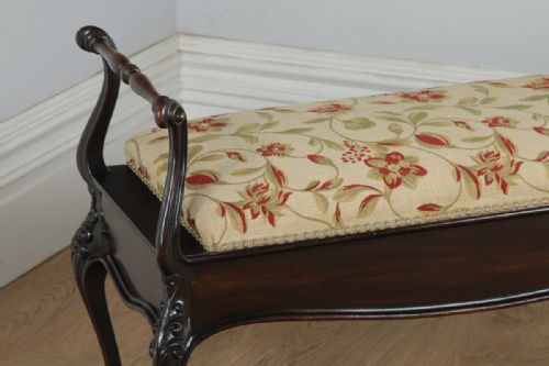 fig 1. Antique English Victorian Rococo Mahogany Upholstered Duet Music Window Stool Ottoman (Circa 1880)