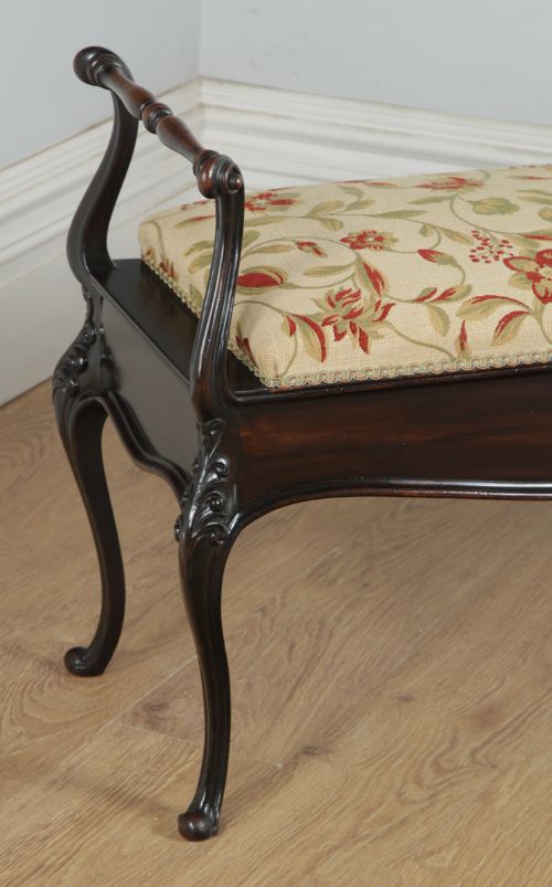 fig 3. Antique English Victorian Rococo Mahogany Upholstered Duet Music Window Stool Ottoman (Circa 1880)