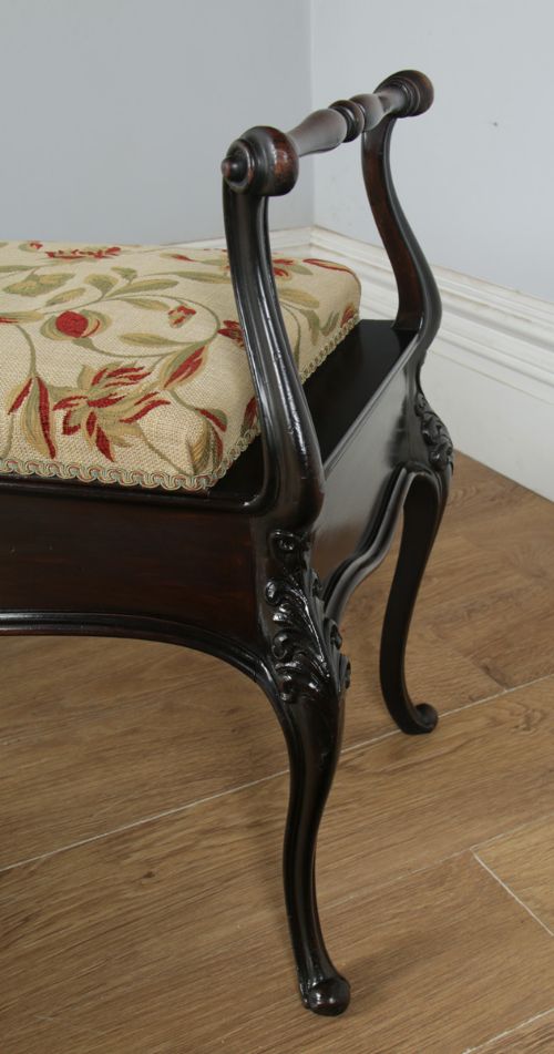 fig 4. Antique English Victorian Rococo Mahogany Upholstered Duet Music Window Stool Ottoman (Circa 1880)