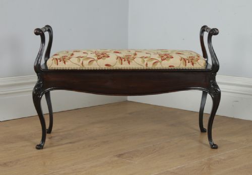 fig 7. Antique English Victorian Rococo Mahogany Upholstered Duet Music Window Stool Ottoman (Circa 1880)