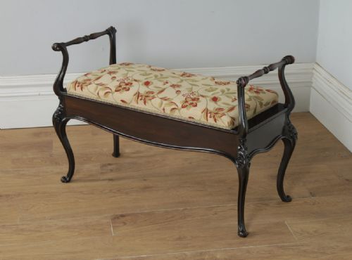 fig 8. Antique English Victorian Rococo Mahogany Upholstered Duet Music Window Stool Ottoman (Circa 1880)
