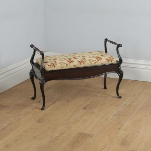 Antique English Victorian Rococo Mahogany Upholstered Duet Music Window Stool Ottoman (Circa 1880)