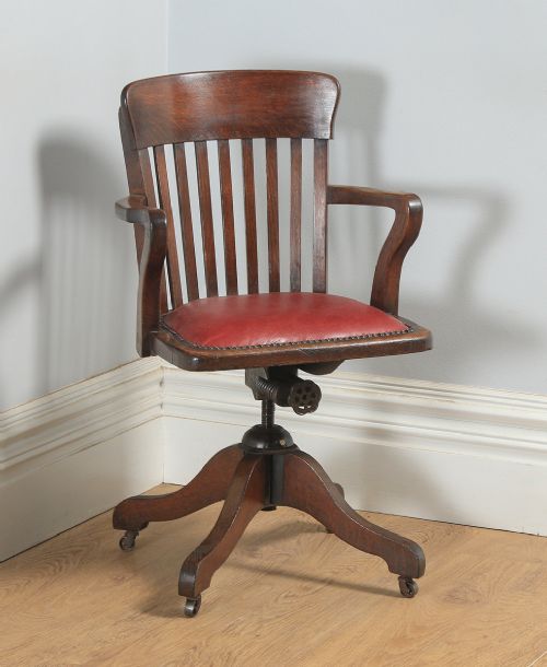 Antique English Edwardian Oak & Red Leather Revolving Office Desk Arm Chair (Circa 1910)