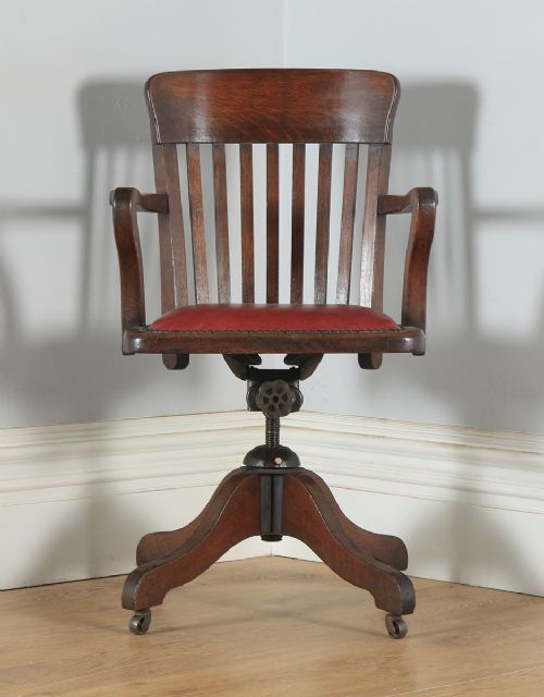 fig 1. Antique English Edwardian Oak & Red Leather Revolving Office Desk Arm Chair (Circa 1910)